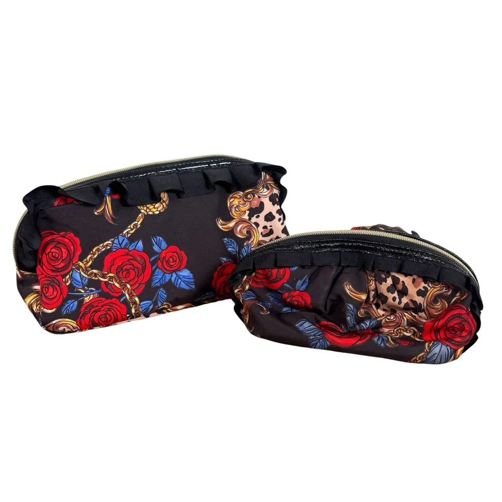Betsey Johnson 2pc Cosmetic Bag Set Floral Leopard Ruffle Black Red Gold Rose